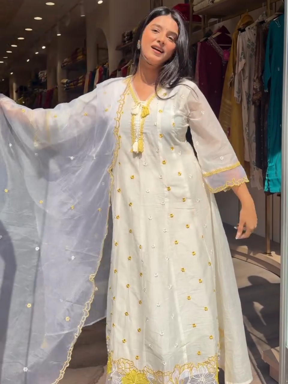White & Sunshine Yellow Embroidered Kurta Set with Dupatta – Women's 3 Piece Ethnic Suit Set