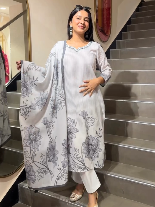 Elegant Grey Floral Printed 3 Piece Suit Set for Women