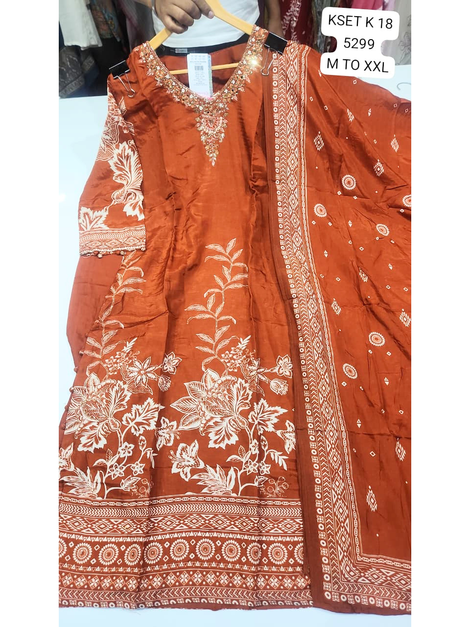 Rust Orange Floral Printed Kurta Set with Dupatta for Women