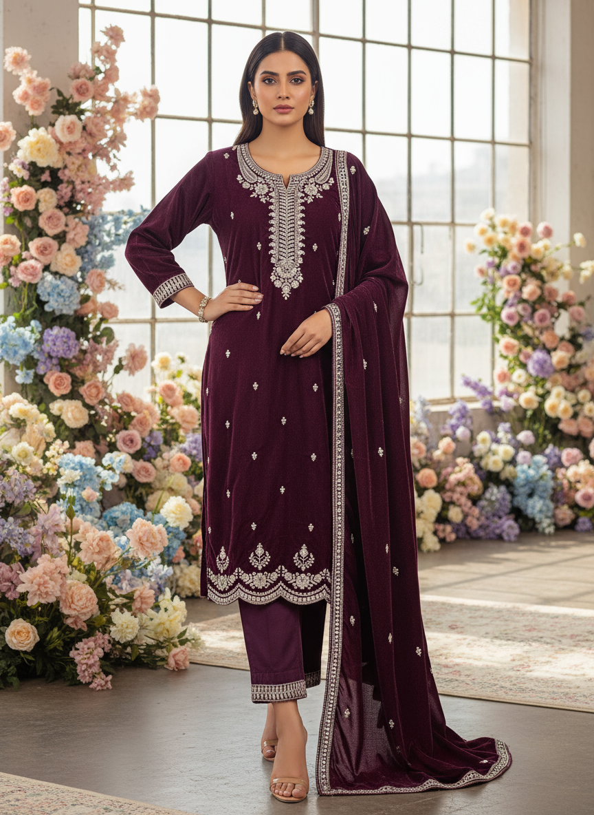 Majestic Wine Velvet Embroidered Kurta Set with Silver Zari Detailing – Premium Festive Collection