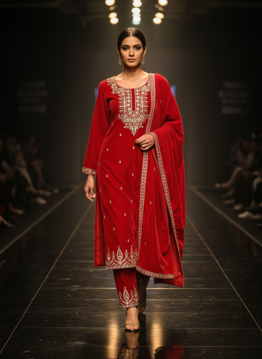 Royal Red Velvet Embroidered Kurta Set with Golden Zari Work – Luxe Festive & Wedding Collection