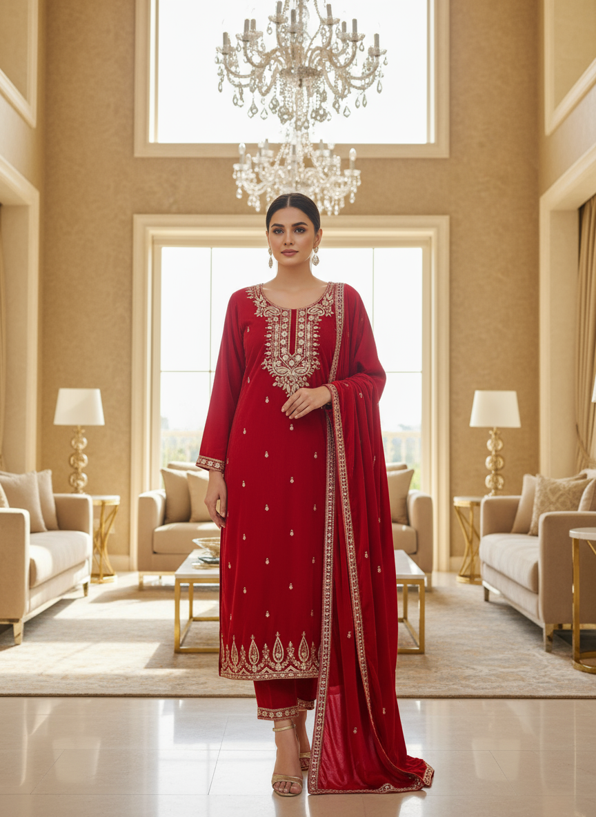 Royal Red Velvet Embroidered Kurta Set with Golden Zari Work – Luxe Festive & Wedding Collection