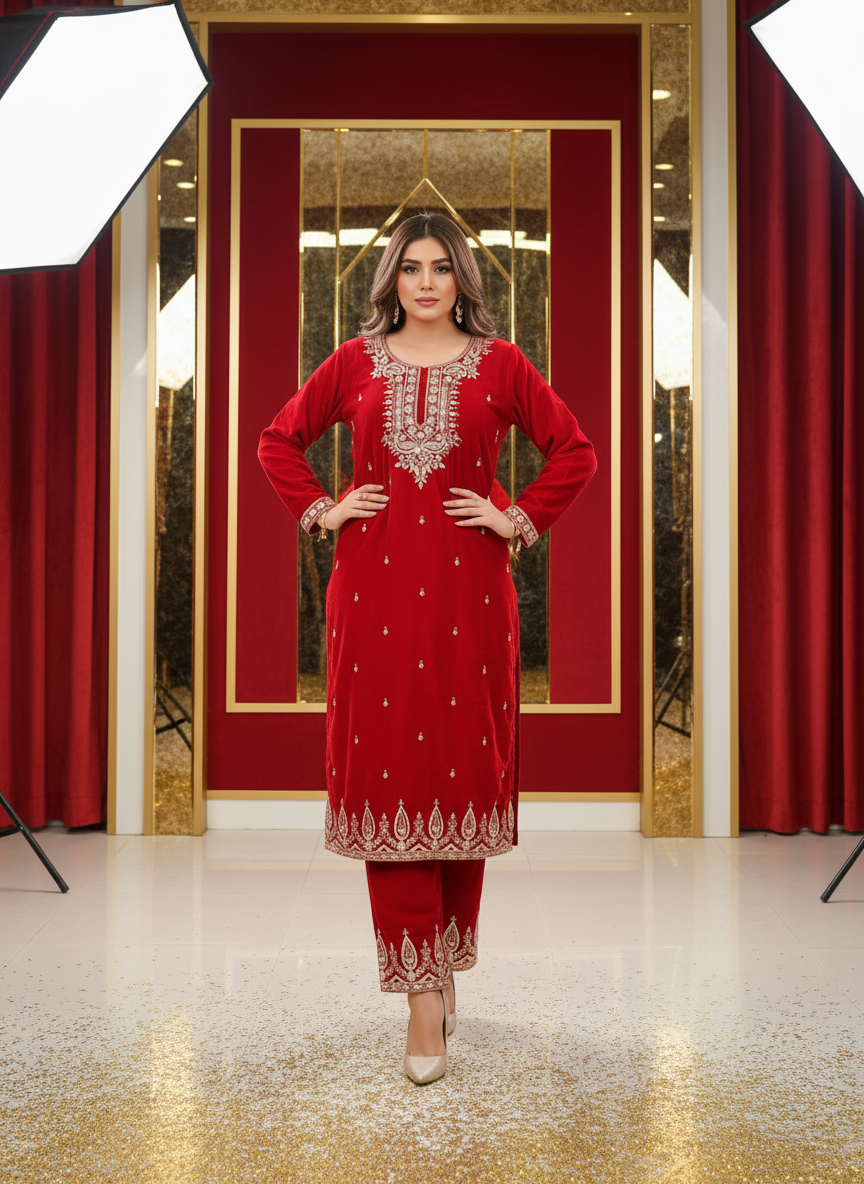Royal Red Velvet Embroidered Kurta Set with Golden Zari Work – Luxe Festive & Wedding Collection