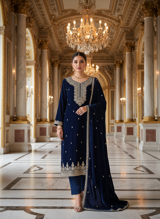 Navy Blue Velvet Embroidered Kurta Set with Golden Zari Detailing – Royal Wedding & Festive Collection