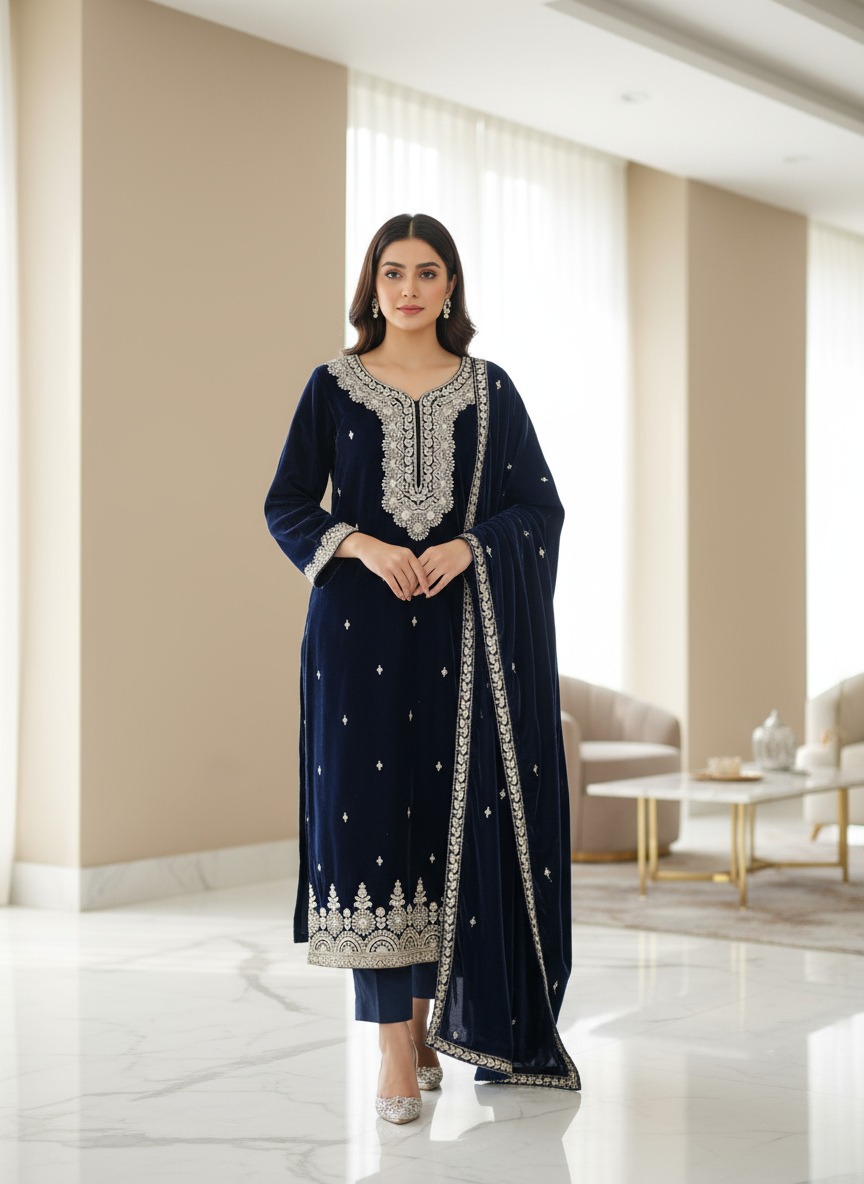 Navy Blue Velvet Embroidered Kurta Set with Golden Zari Detailing – Royal Wedding & Festive Collection