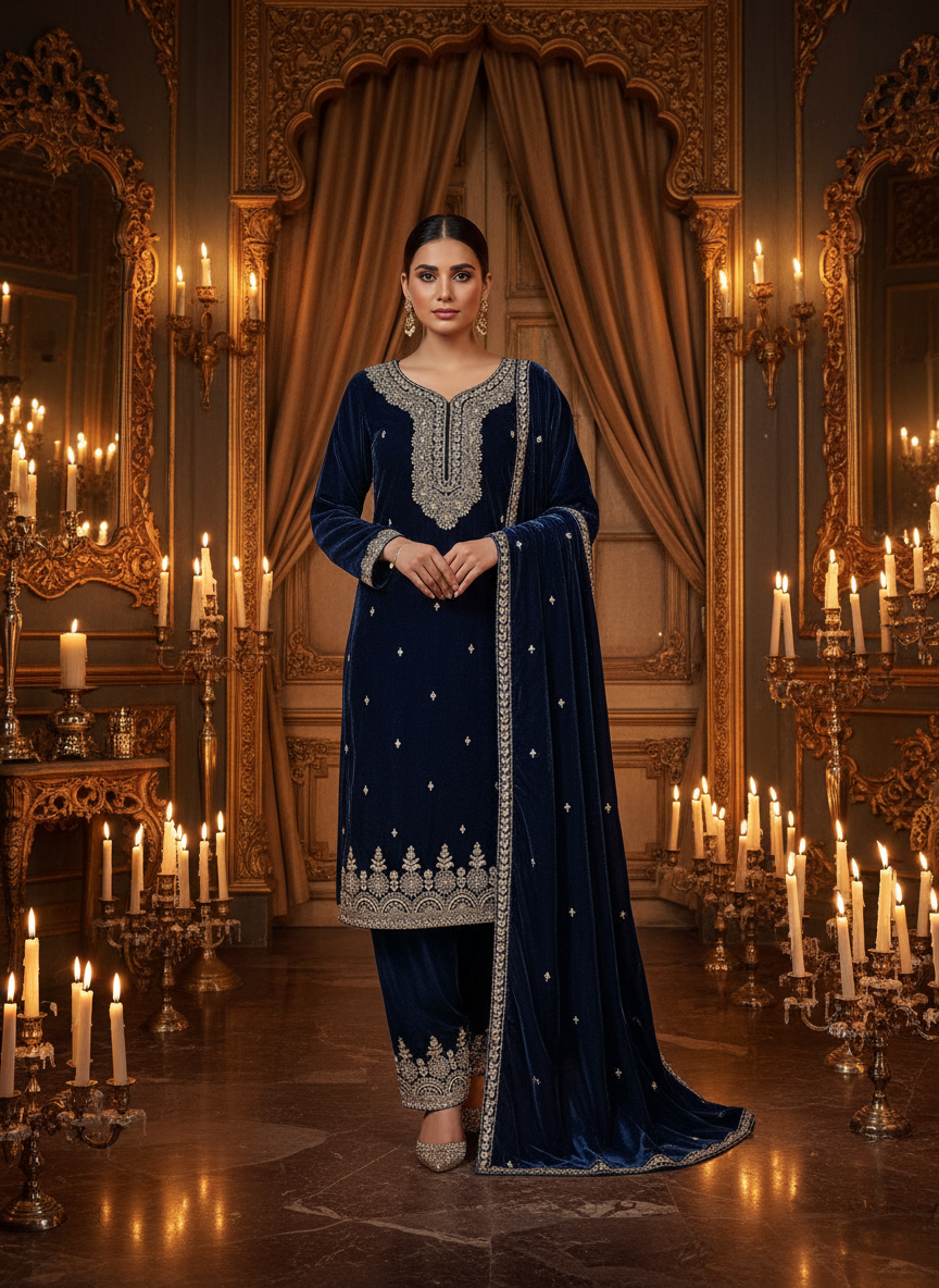 Navy Blue Velvet Embroidered Kurta Set with Golden Zari Detailing – Royal Wedding & Festive Collection