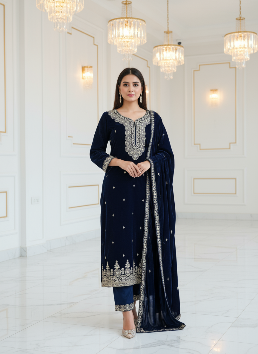 Navy Blue Velvet Embroidered Kurta Set with Golden Zari Detailing – Royal Wedding & Festive Collection
