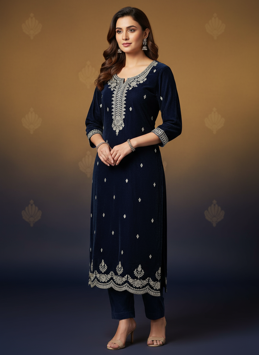 Dark Navy Blue Velvet Embroidered Kurta Set with Golden Zari & Stone Handwork | Festive & Wedding Collection