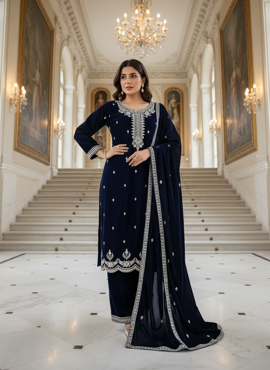 Dark Navy Blue Velvet Embroidered Kurta Set with Golden Zari & Stone Handwork | Festive & Wedding Collection