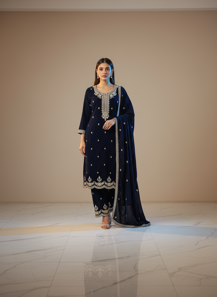 Dark Navy Blue Velvet Embroidered Kurta Set with Golden Zari & Stone Handwork | Festive & Wedding Collection