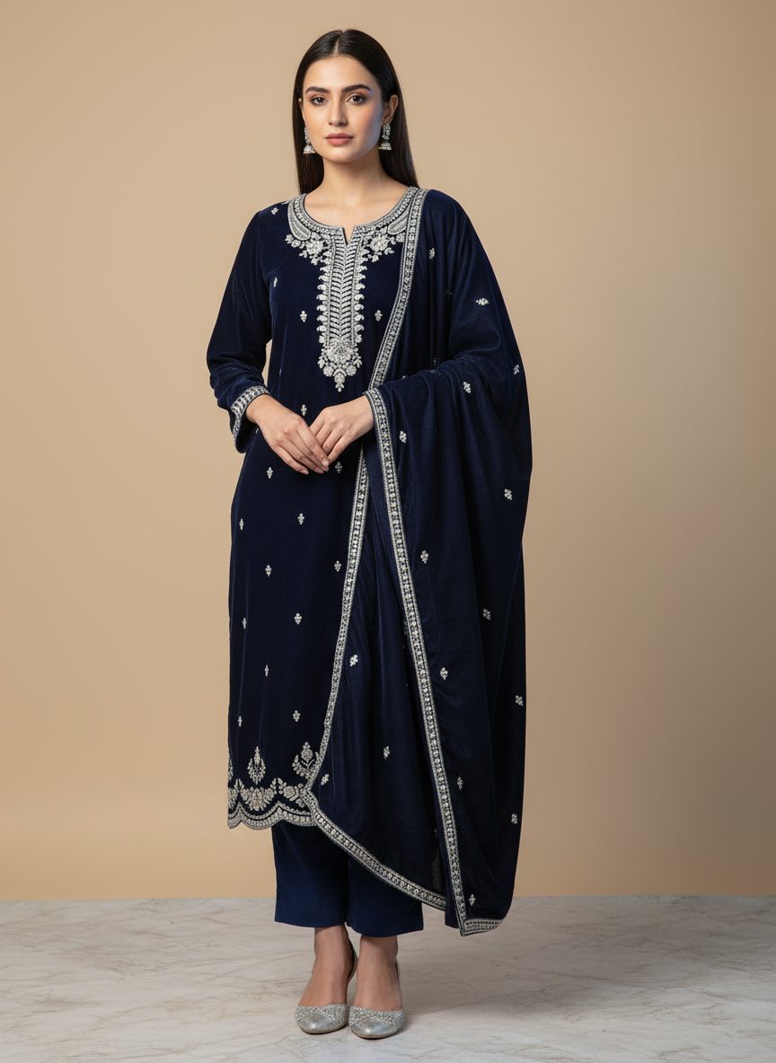 Dark Navy Blue Velvet Embroidered Kurta Set with Golden Zari & Stone Handwork | Festive & Wedding Collection