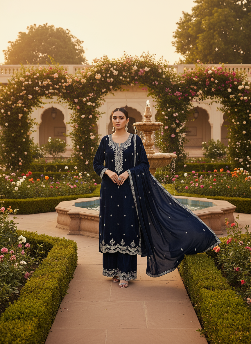 Dark Navy Blue Velvet Embroidered Kurta Set with Golden Zari & Stone Handwork | Festive & Wedding Collection