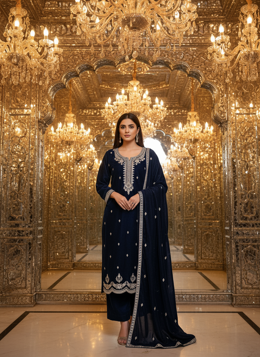 Dark Navy Blue Velvet Embroidered Kurta Set with Golden Zari & Stone Handwork | Festive & Wedding Collection