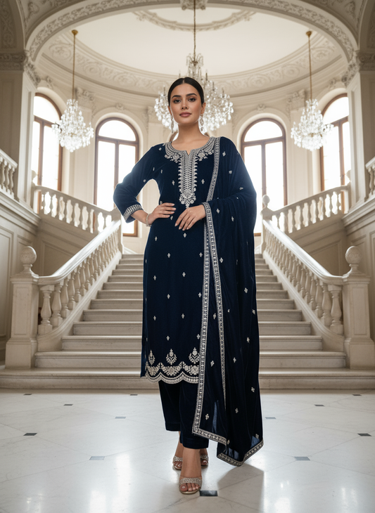 Dark Navy Blue Velvet Embroidered Kurta Set with Golden Zari & Stone Handwork | Festive & Wedding Collection