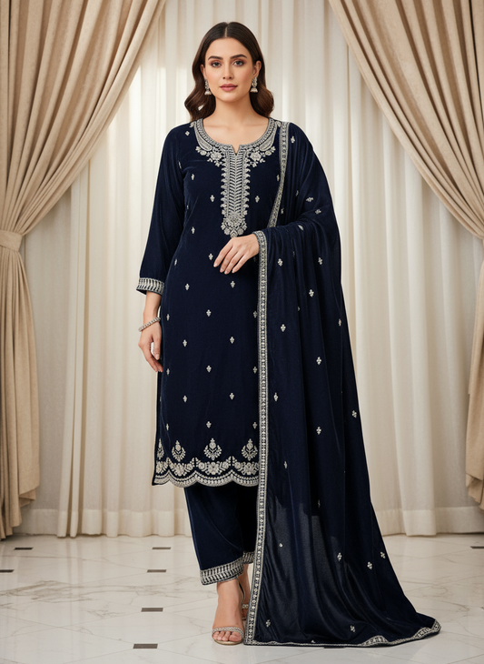 Dark Navy Blue Velvet Embroidered Kurta Set with Golden Zari & Stone Handwork | Festive & Wedding Collection