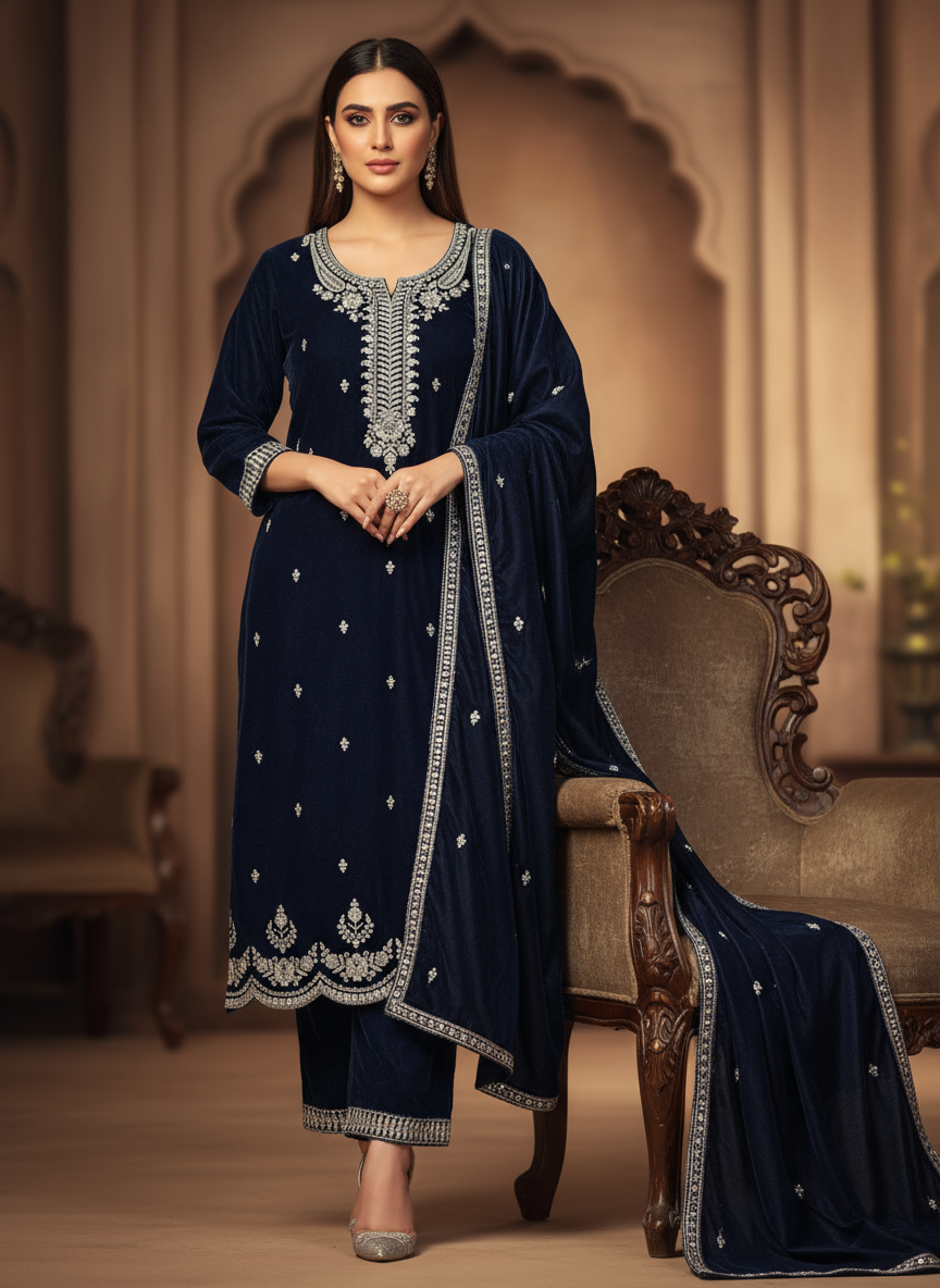 Dark Navy Blue Velvet Embroidered Kurta Set with Golden Zari & Stone Handwork | Festive & Wedding Collection