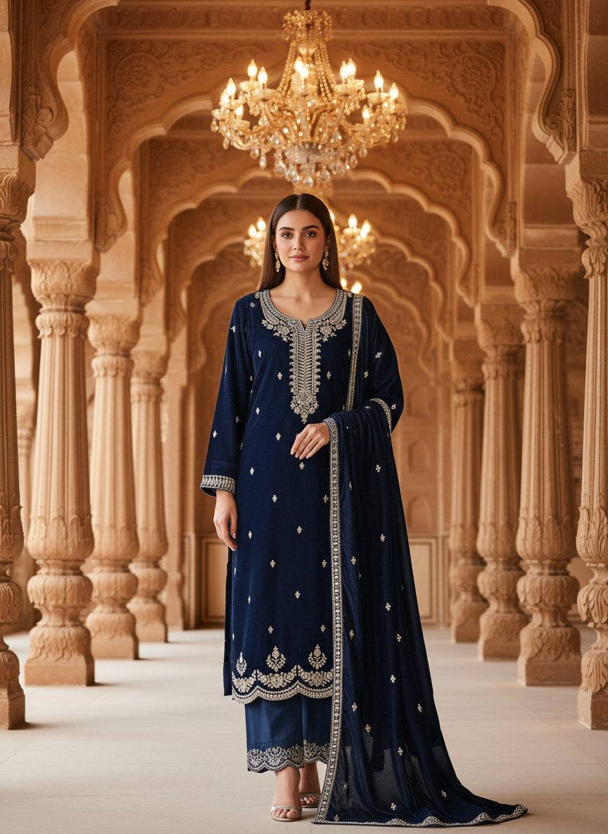 Dark Navy Blue Velvet Embroidered Kurta Set with Golden Zari & Stone Handwork | Festive & Wedding Collection