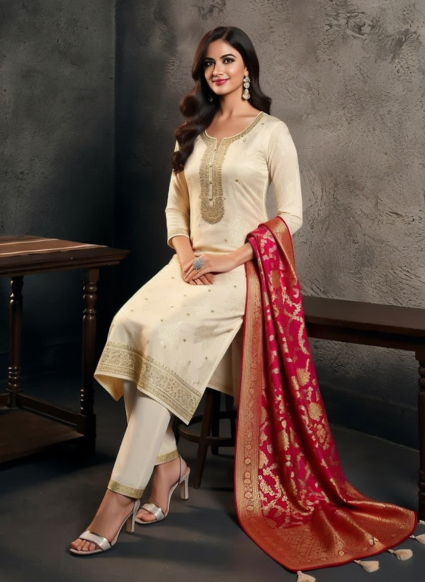 Off White Silk Straight Suit with Pink Woven Dupatta – 3 Piece Set