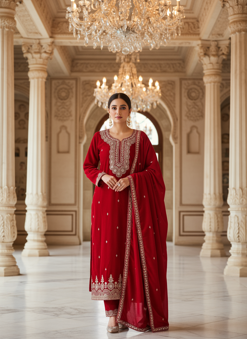 Royal Red Velvet Embroidered Kurta Set with Golden Zari & Stone Handwork Festive & Wedding Wear