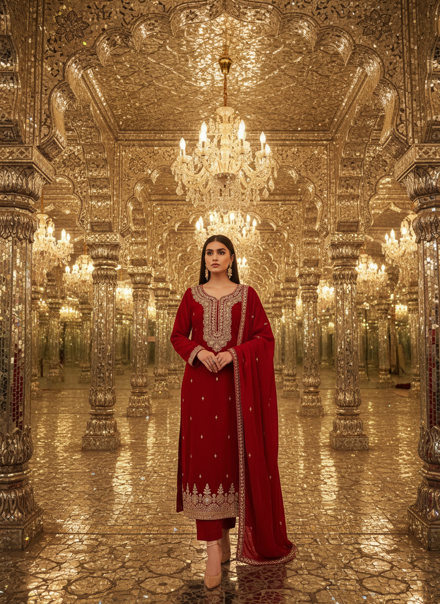 Royal Red Velvet Embroidered Kurta Set with Golden Zari & Stone Handwork Festive & Wedding Wear