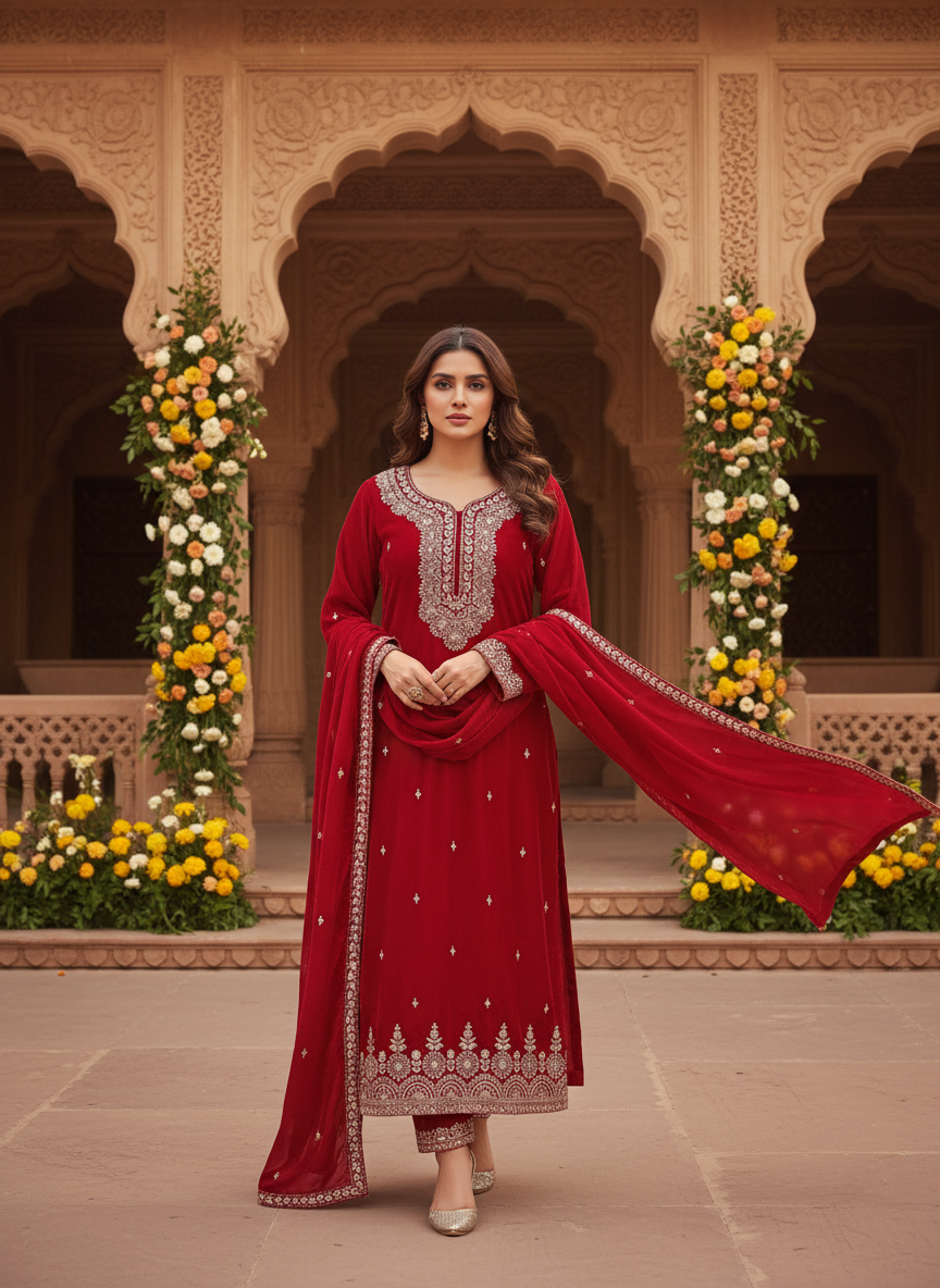 Royal Red Velvet Embroidered Kurta Set with Golden Zari & Stone Handwork Festive & Wedding Wear