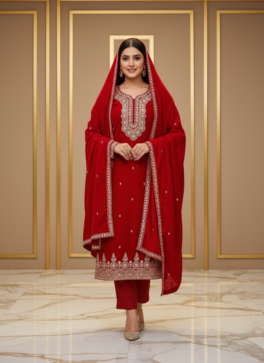 Royal Red Velvet Embroidered Kurta Set with Golden Zari & Stone Handwork Festive & Wedding Wear