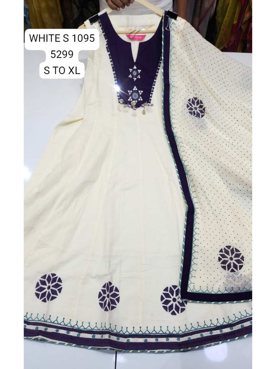 Elegant White & Navy Blue Embroidered Anarkali Kurta Set with Dupatta for Women