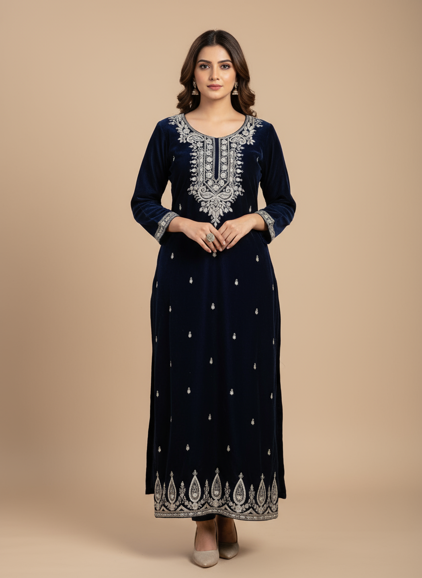 Majestic Navy Blue Velvet Embroidered Kurta Set with Silver Zari & Mirror Work | Luxury Festive & Party Wear