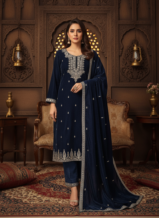 Majestic Navy Blue Velvet Embroidered Kurta Set with Silver Zari & Mirror Work | Luxury Festive & Party Wear
