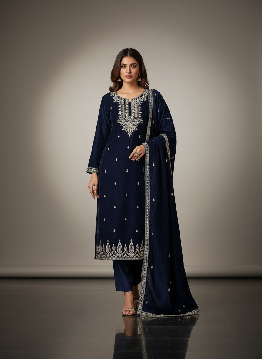 Majestic Navy Blue Velvet Embroidered Kurta Set with Silver Zari & Mirror Work | Luxury Festive & Party Wear