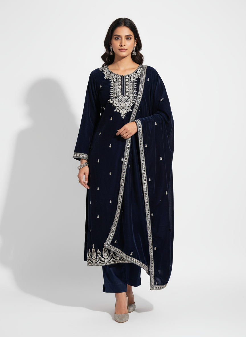 Majestic Navy Blue Velvet Embroidered Kurta Set with Silver Zari & Mirror Work | Luxury Festive & Party Wear