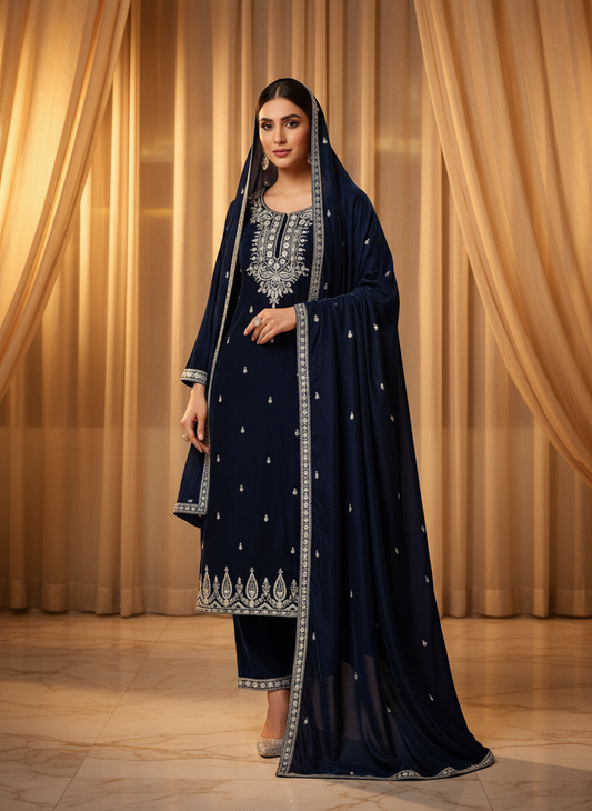 Majestic Navy Blue Velvet Embroidered Kurta Set with Silver Zari & Mirror Work | Luxury Festive & Party Wear