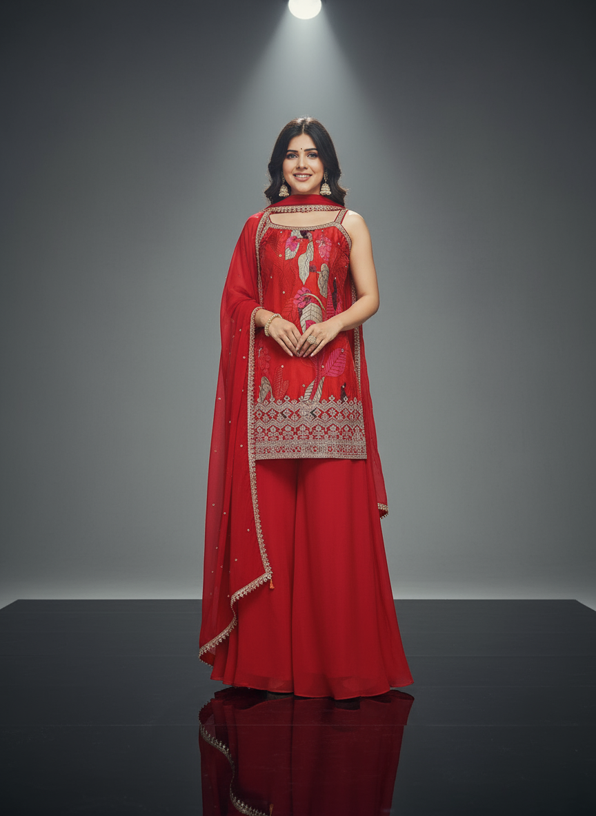 Red Floral Designer Sharara Set with Embellished Dupatta — Festive & Wedding Wear