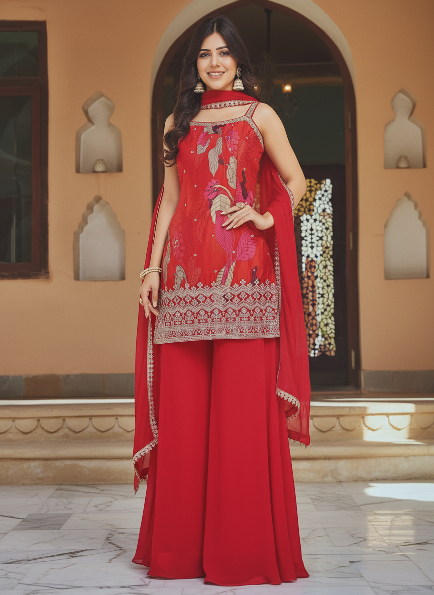 Red Floral Designer Sharara Set with Embellished Dupatta — Festive & Wedding Wear