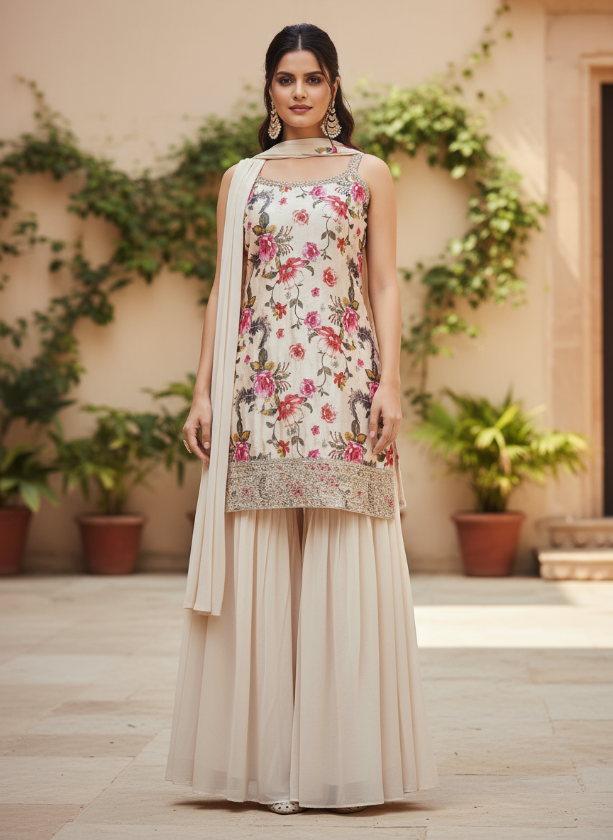 Elegant Cream Floral Embroidered Kurti with Sharara & Dupatta – Designer Indian Ethnic Suit for Women