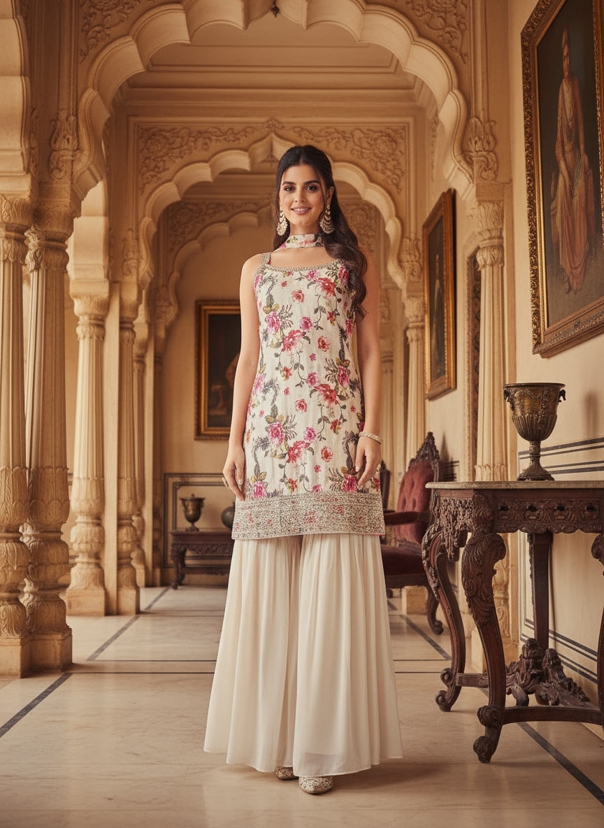 Elegant Cream Floral Embroidered Kurti with Sharara & Dupatta – Designer Indian Ethnic Suit for Women