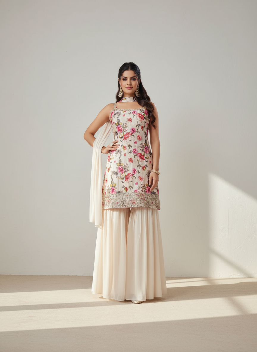 Elegant Cream Floral Embroidered Kurti with Sharara & Dupatta – Designer Indian Ethnic Suit for Women