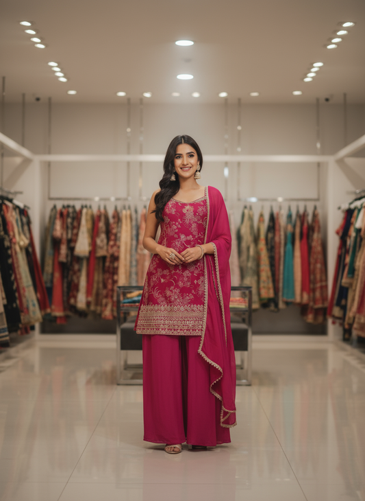 Elegant Magenta Embroidered Palazzo Suit with Dupatta | Festive & Party Wear Outfit