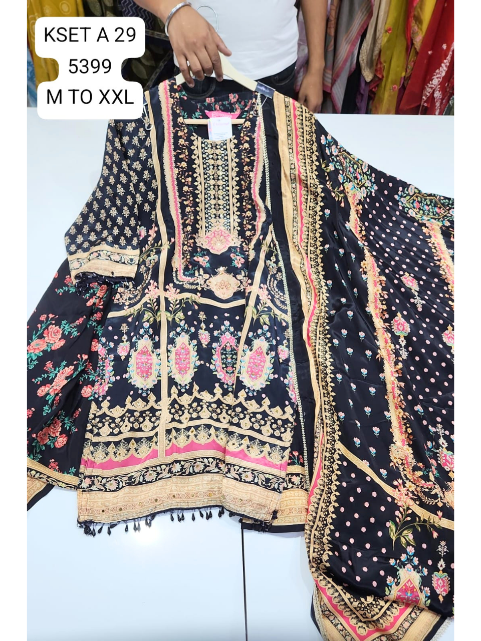 Black Floral Printed Pakistani Style Kurta Set with Dupatta for Women
