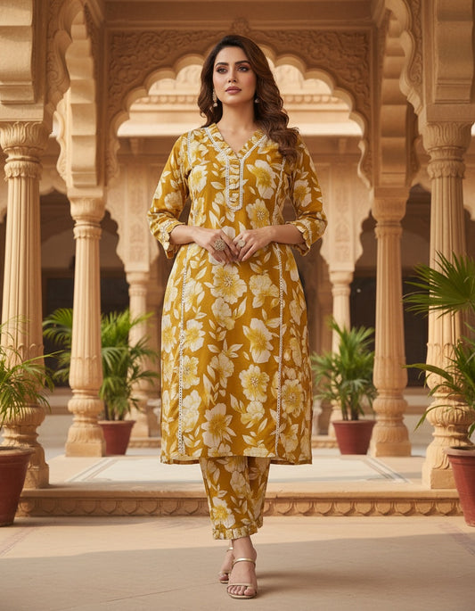 Women’s Mustard Yellow Floral Cotton Co-ord Set – Kurti & Pant