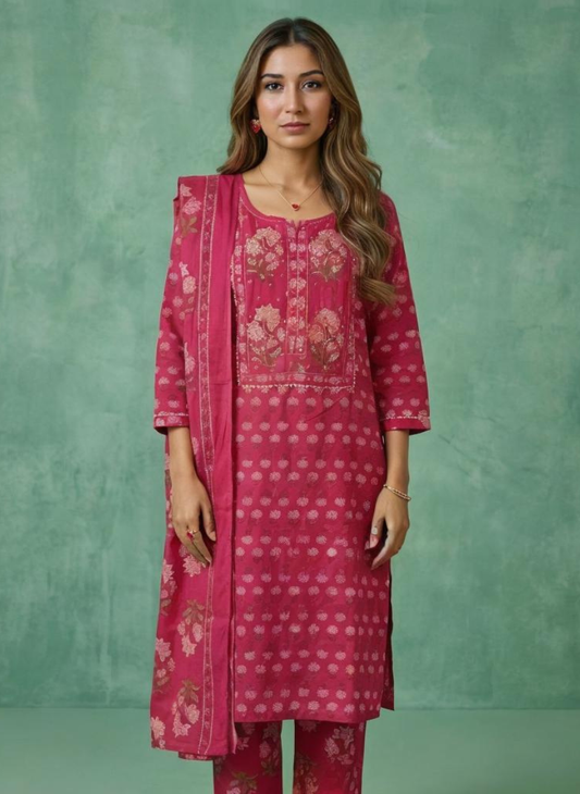 Women Rani Pink Printed Cotton Kurta Pant Dupatta Set
