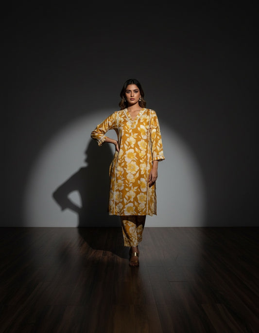 Women’s Mustard Yellow Floral Cotton Co-ord Set – Kurti & Pant