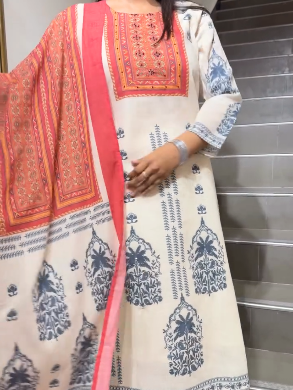 Beige Printed Ethnic Suit with Contrast Dupatta for Women
