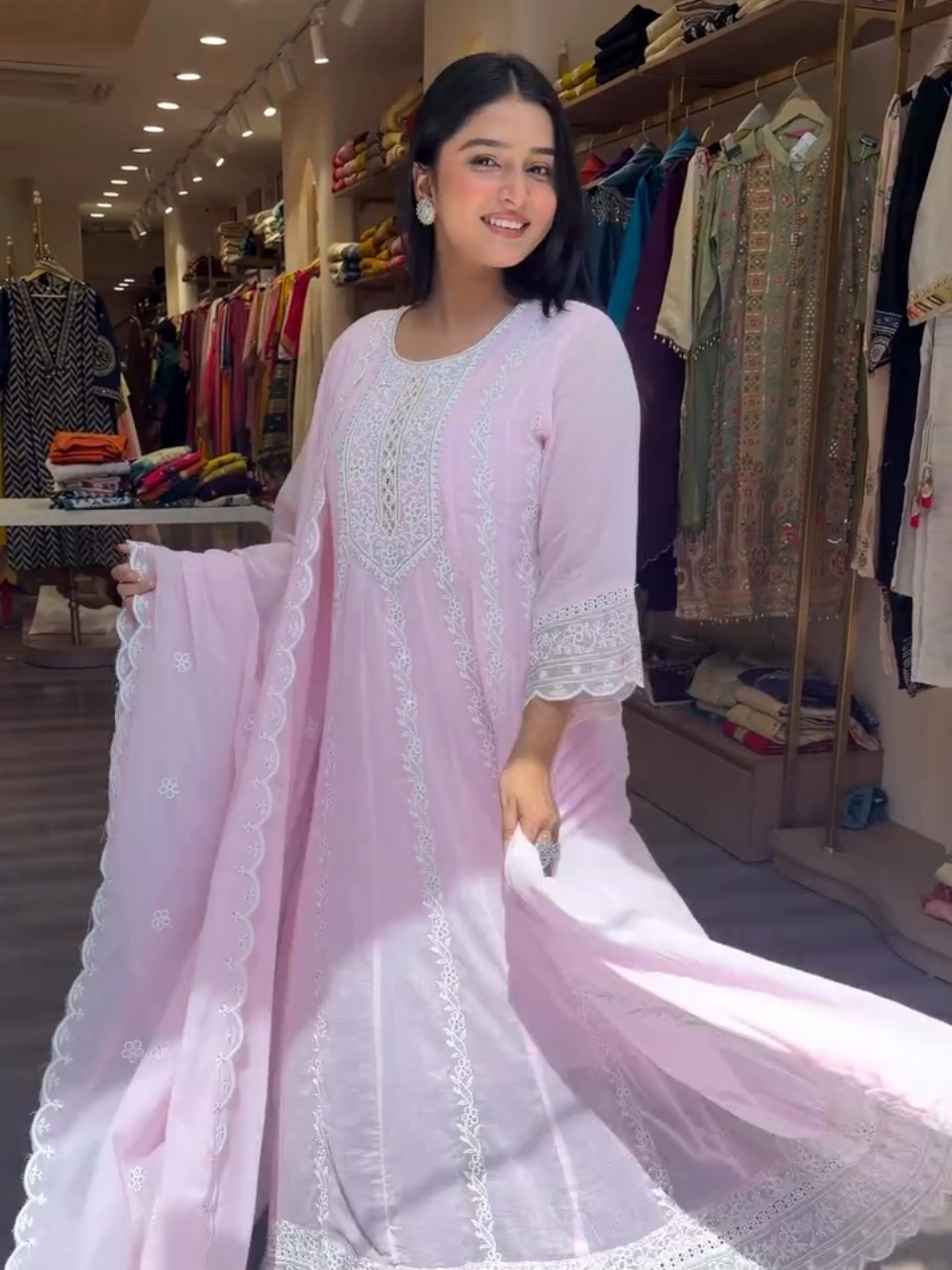 Baby Pink Embroidered Anarkali Suit with Dupatta for Women