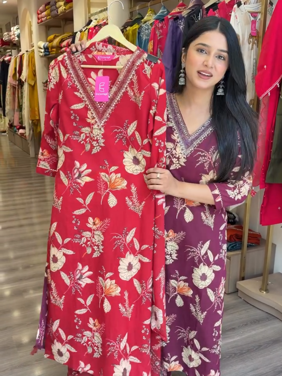 Wine Purple Floral Printed Cotton Kurta Set with Dupatta for Women