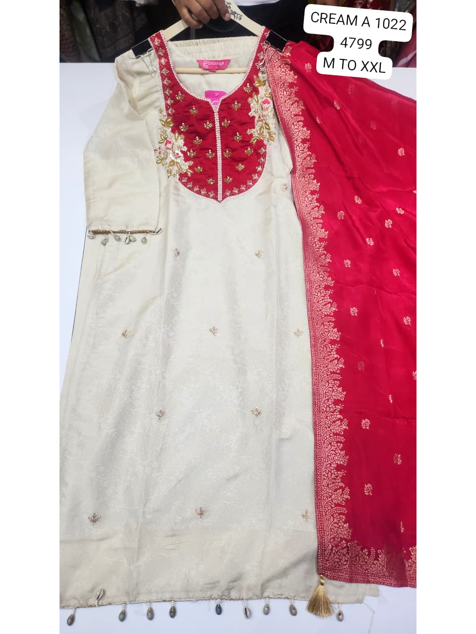 Cream Embroidered Kurta Set with Pink Dupatta for Women
