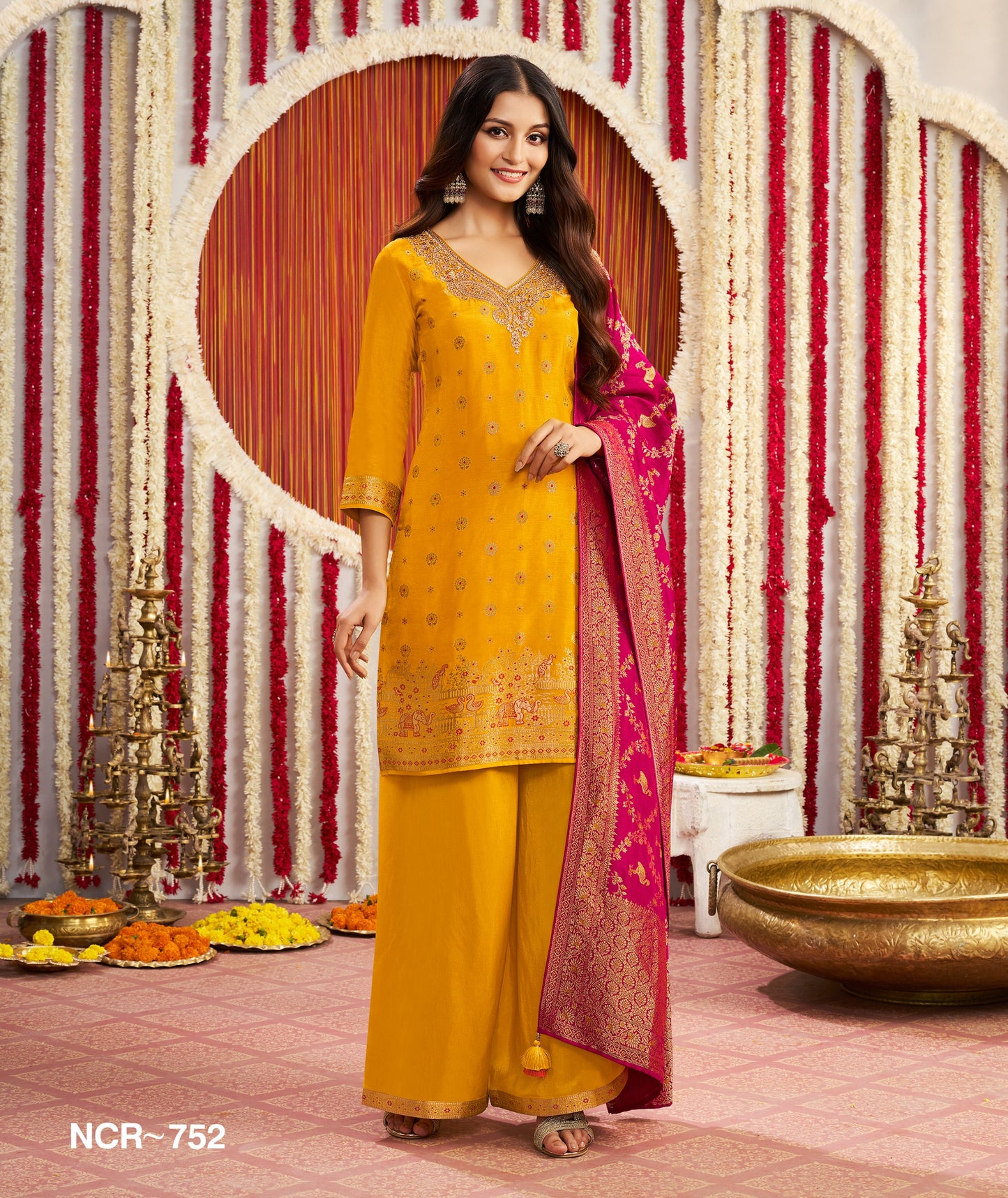 Mustard Yellow Embroidered Straight Suit with Contrast Dupatta – 3 Piece Festive Wear