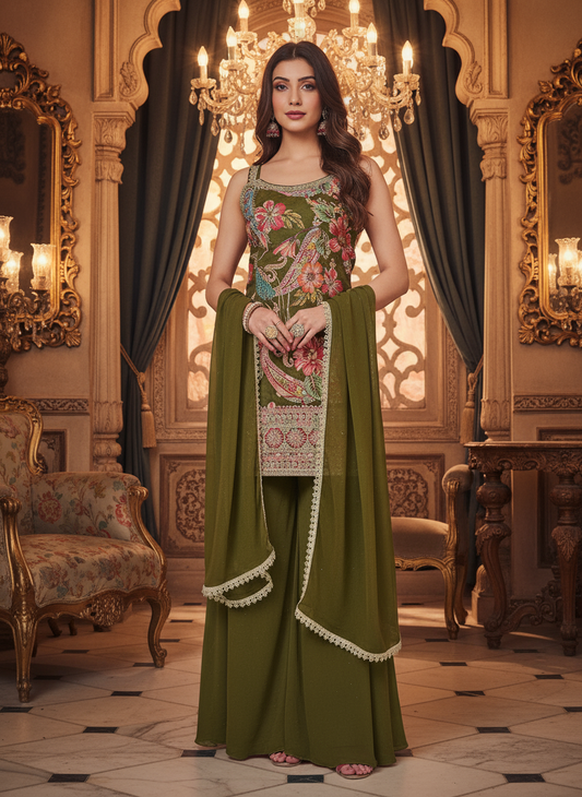 Olive Green Floral Embroidered Georgette Sharara Suit with Dupatta
