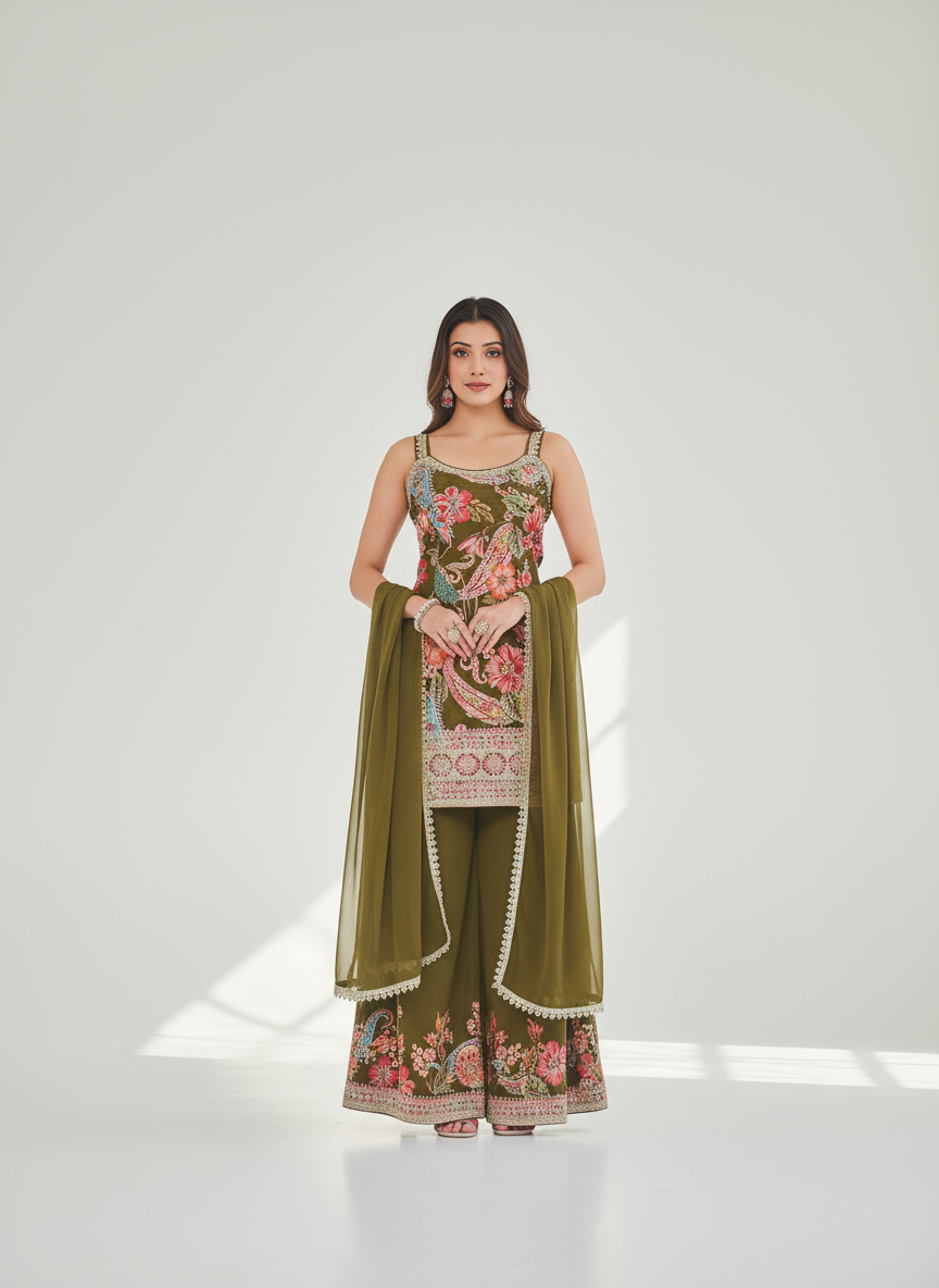 Olive Green Floral Embroidered Georgette Sharara Suit with Dupatta