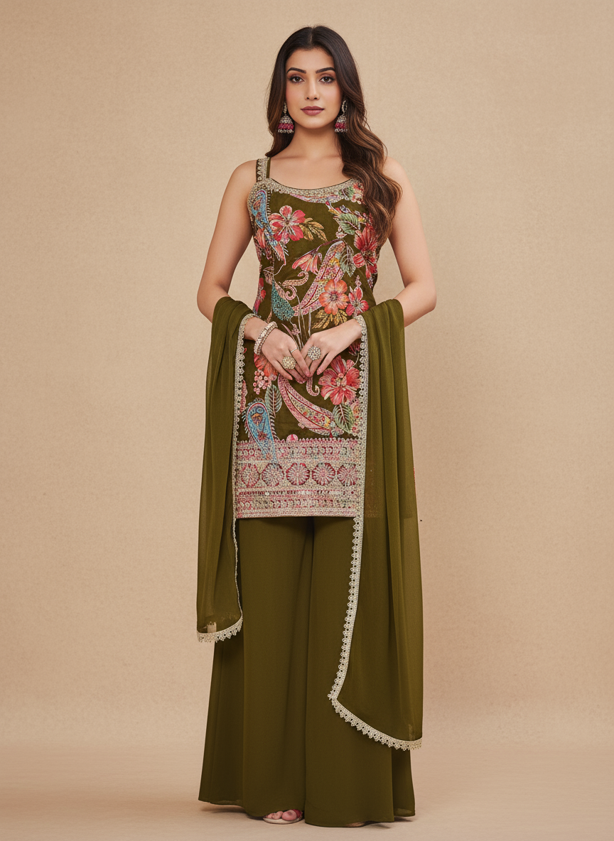 Olive Green Floral Embroidered Georgette Sharara Suit with Dupatta